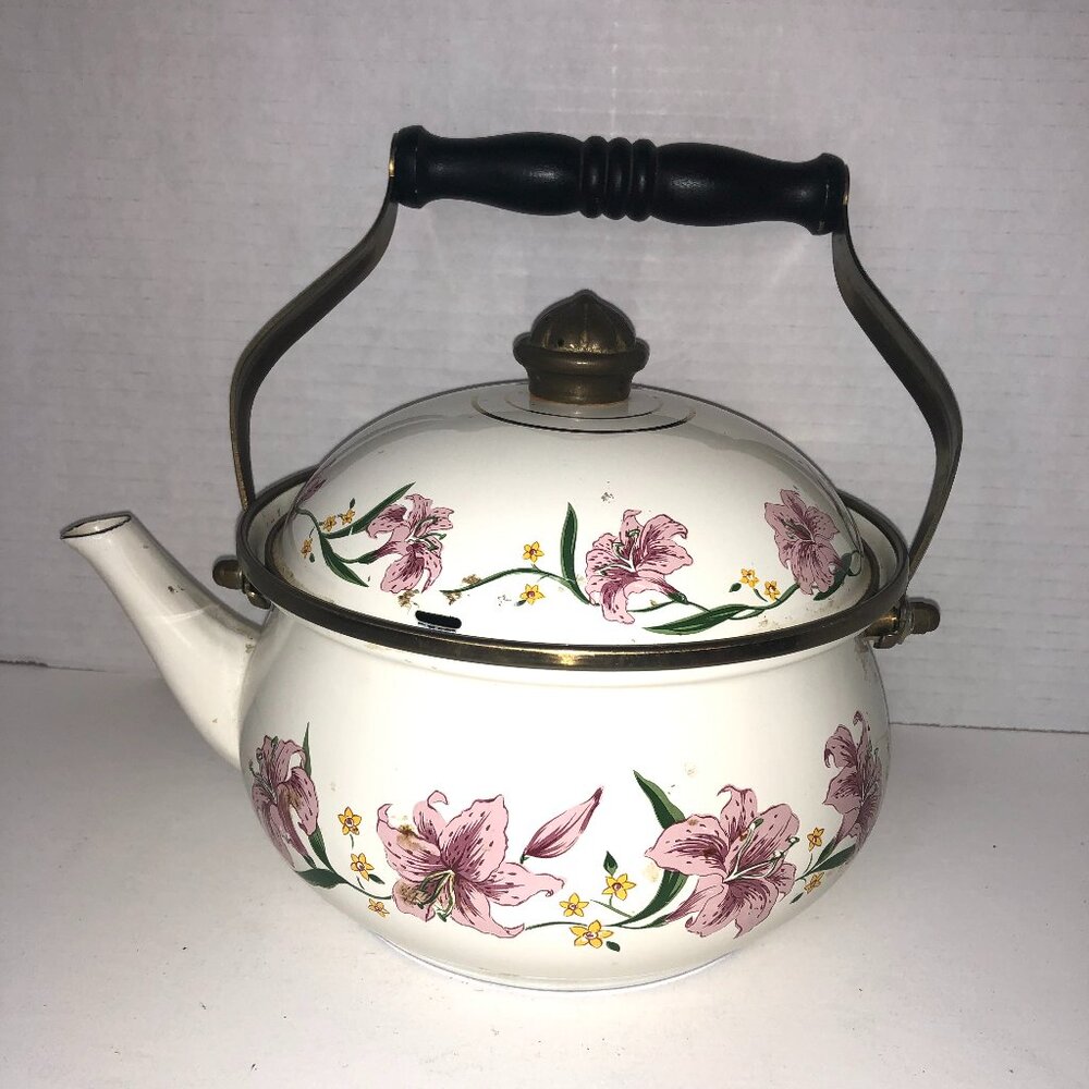 Vintage Normandy Enamel Tea Kettle Teapot with wooden handle